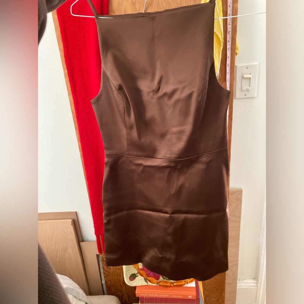 Aritzia Satin Silk Brown Mini Dress Square High Neck - Picture 8 of 10